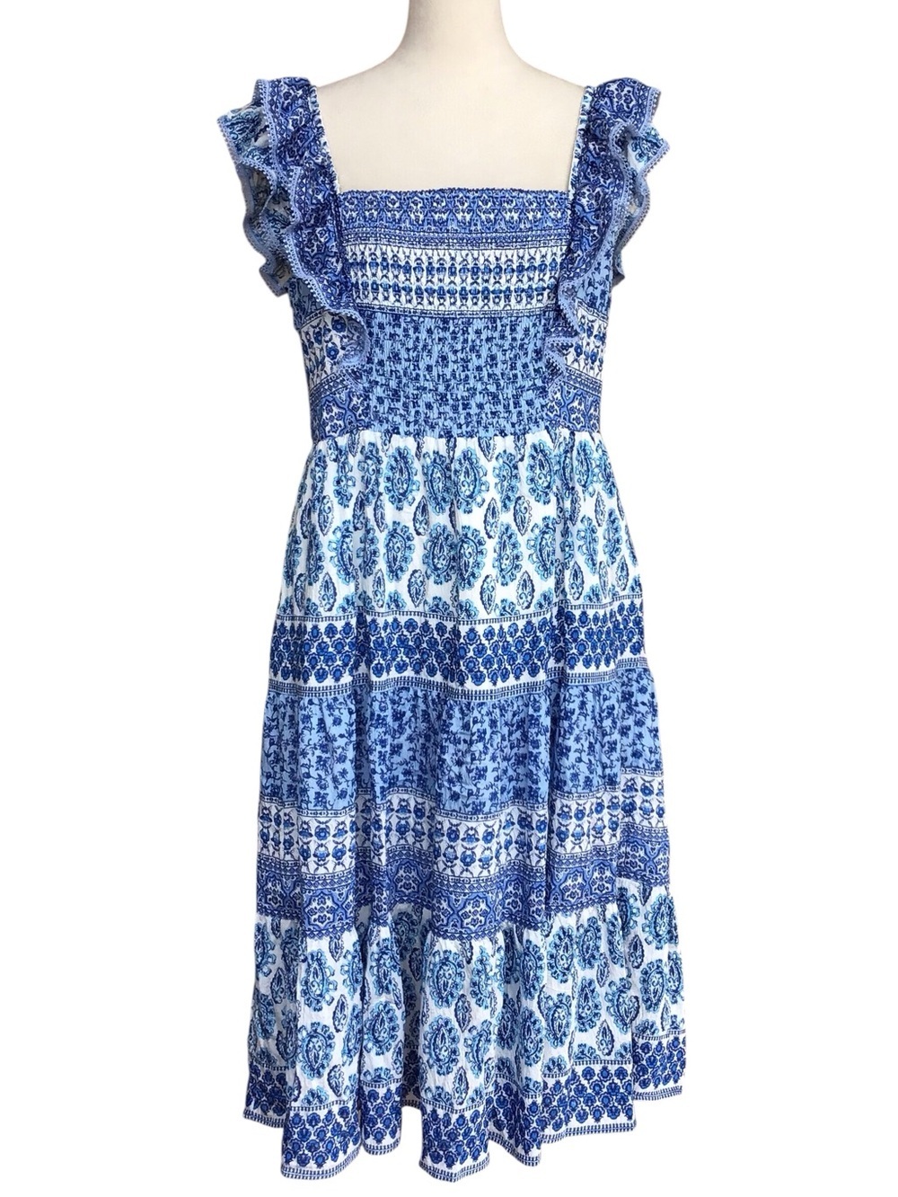 Eliza J Smocked Tiered Ruffle Sleeve Midi Dress NEW - Picture 3 of 11